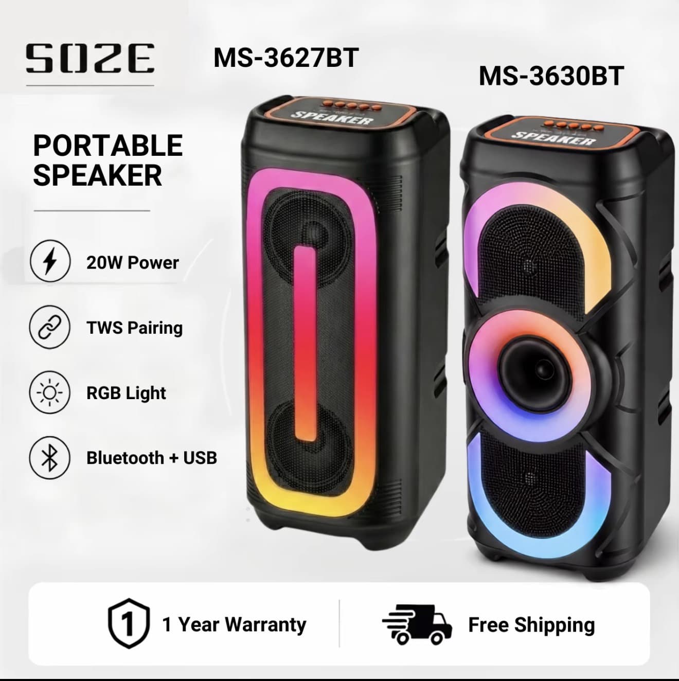 MS-3627|30BT ลำโพงบูล ทูธ 20W ดอกลำโพง4นิ้ว*2ดอก ไฟRGB แบตเตอรี่ 1500mAh รองรับBT/USB/FM/TWS ลำโพงพกพาลำโพงเคลื่อนที่ ลำโพงสายปาร์ตี้ Bluetooth Speaker (รับ 31,200 แต้ม)