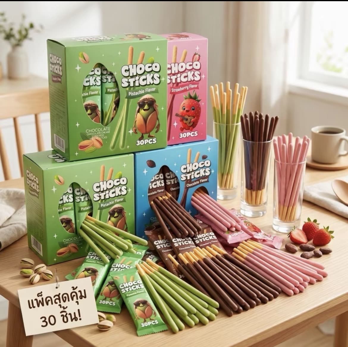 ป๊อกกี้ Choco sticks 30ชิ้น/กล่อง[ช็อกโกแลต/สตอเบอร์รี่/พิสตาชิโอ้] บิสกิตเคลือบช็อกโกแลต( รับ8,500 แต้ม)