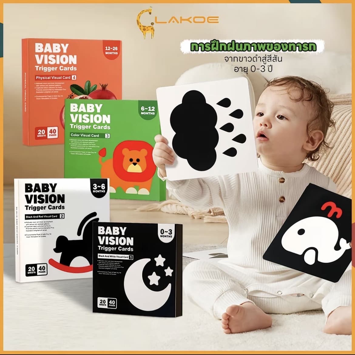 LAKOE ของเล่นเด็กทารก flashcard เด็กทารก การ์ดเสริมพัฒนาการสายตา แฟลชการ์ด ขาวดำ 0-36เดือน บัตรภาพ (รับ5,700 แต้ม)