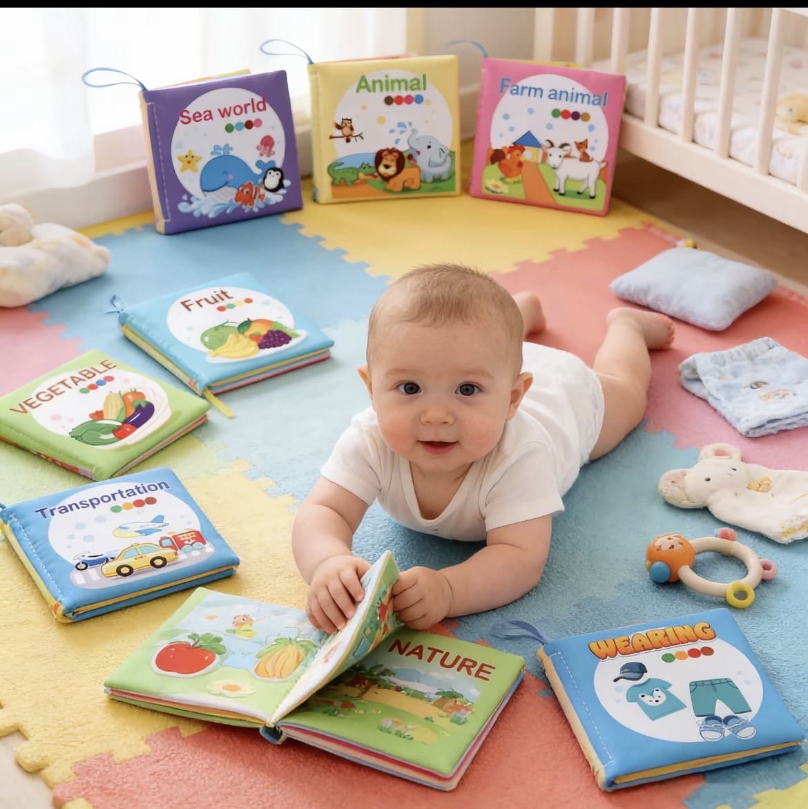 หนังสือผ้า สำหรับเด็ก เสริมพัฒนาการเด็ก ของเล่นหนังสือผ้าพร้อมคำศัพท์ หนังสือรูปภาพ หนังสือผ้าการเรียนรู้การศึกษา(รับ5,700 แต้ม)