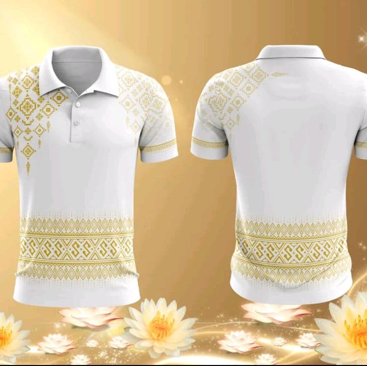 สีขาวทอง Vibutiquebkk เสื้อโปโลลายไทย สยามวิจิตร ผ้าเม็ดข้าวโพด ใส่ราชการ pool (รับ12,700แต้ม)
