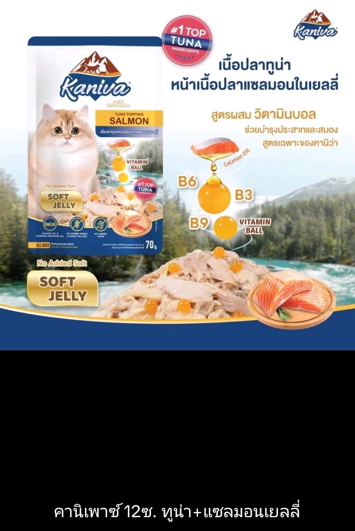 Kaniva cat pouch ยกโหล12ซอง อาหารเปียกสำหรับแมว ขนาด70ก.×12ซอง ทูน่า+หอยเชลล์เยลลี่(รับ19,200แต้ม)
