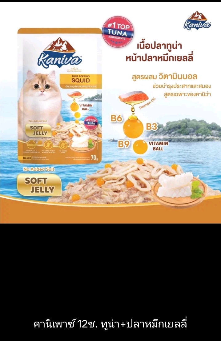 Kaniva cat pouch ยกโหล12ซอง อาหารเปียกสำหรับแมว ขนาด70ก.×12ซอง ทูน่า+ปลาหมึกเยลลี่(รับ19,200แต้ม)