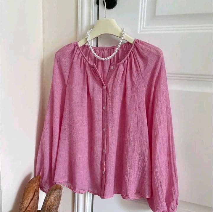 สีกุหลาบชมพู เสื้อกันแดด สไตล์รีสอร์ทย้อนยุค ทำจากผ้าฝ้ายลินินใยไหม แขนบอลลูนฤดูร้อน ของผู้หญิง พร้อมเสื้อคาร์ดิแกนตุ๊กตาเครื่อง ปรับอากาศ (รับ12,700แต้ม)