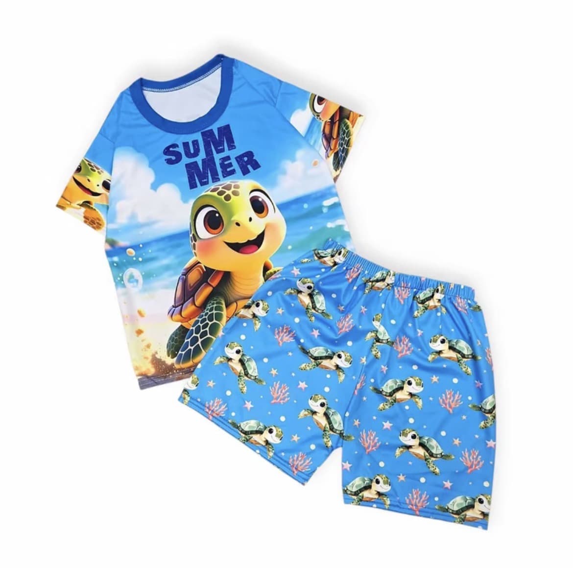  ชุดเด็กลายเต่าซัมเมอร์ ฟ้า ไซส์ S-M ผ้าไมโคร แขนขา สั้น เด็ก 6 เดือน-1ขวบ(รับ7,200แต้ม)