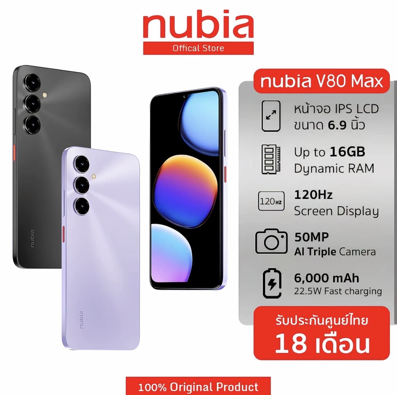 Nubia V80 Max 4+128GB (เพิ่มแรม [งสุด8GB) - แบต6000mAh | จอ 6.9 นิว 120Hz I ดีไซน์ทนทาน | กันน้ำกันฝุ่น IP64 (รับ 179,950 แต้ม)