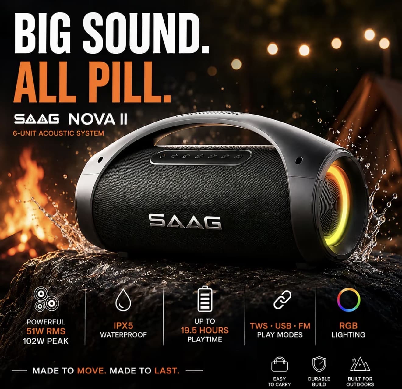 [ของแท้]SAAG NOVA || ลำโพงบลูทูธุ 51W Bluetooth 5.3 เสียงเบสหนัก ไฟ RGB กันนำ IPX5 แบต 3000mAh TWS Stereo ลำโพงพกพา (รับ 50,750 แต้ม)