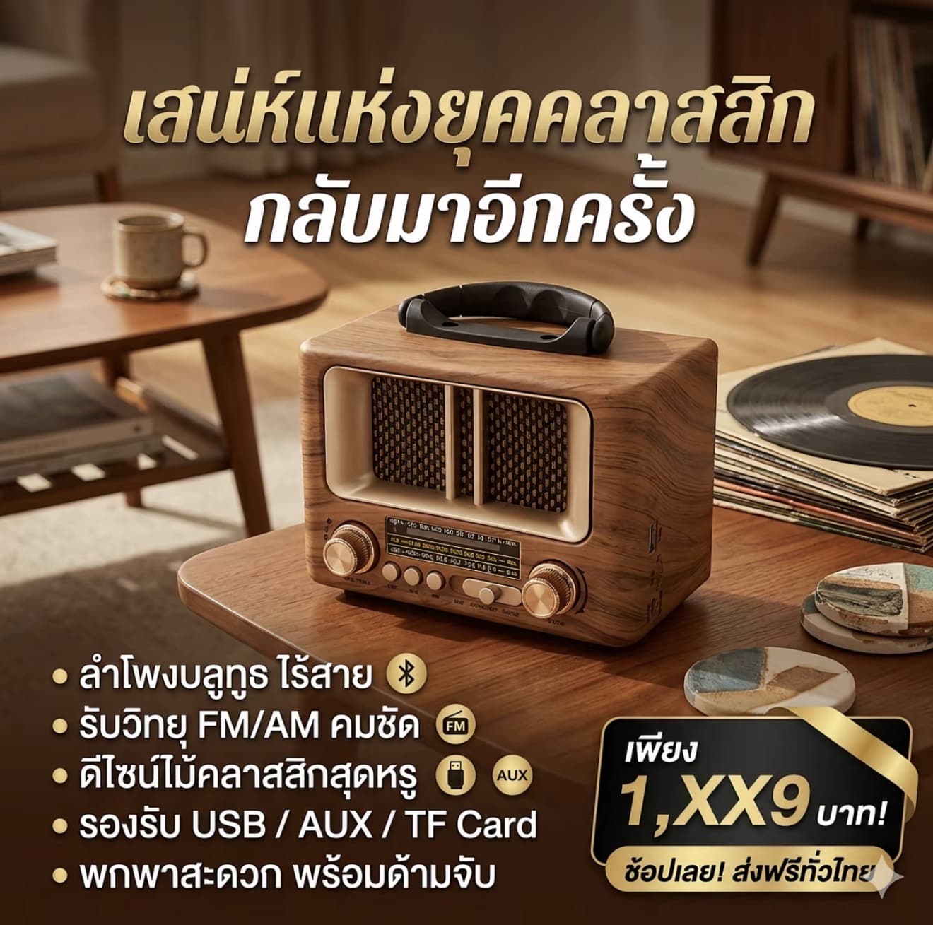 PAE วิทยุ-บลูทูธ ทรงคราสสิก MP-8108B | รับฟัง FM AM SW เชื่อมต่อ Bluetooth Mp3 TF carc พร้อมสายชาร์จ พกพาสะดวก สายชาร์จ Type A สายชาร์จมี 2 สี ลายไม้ น้ำตาลเข้ม (รับ 26,000 แต้ม)