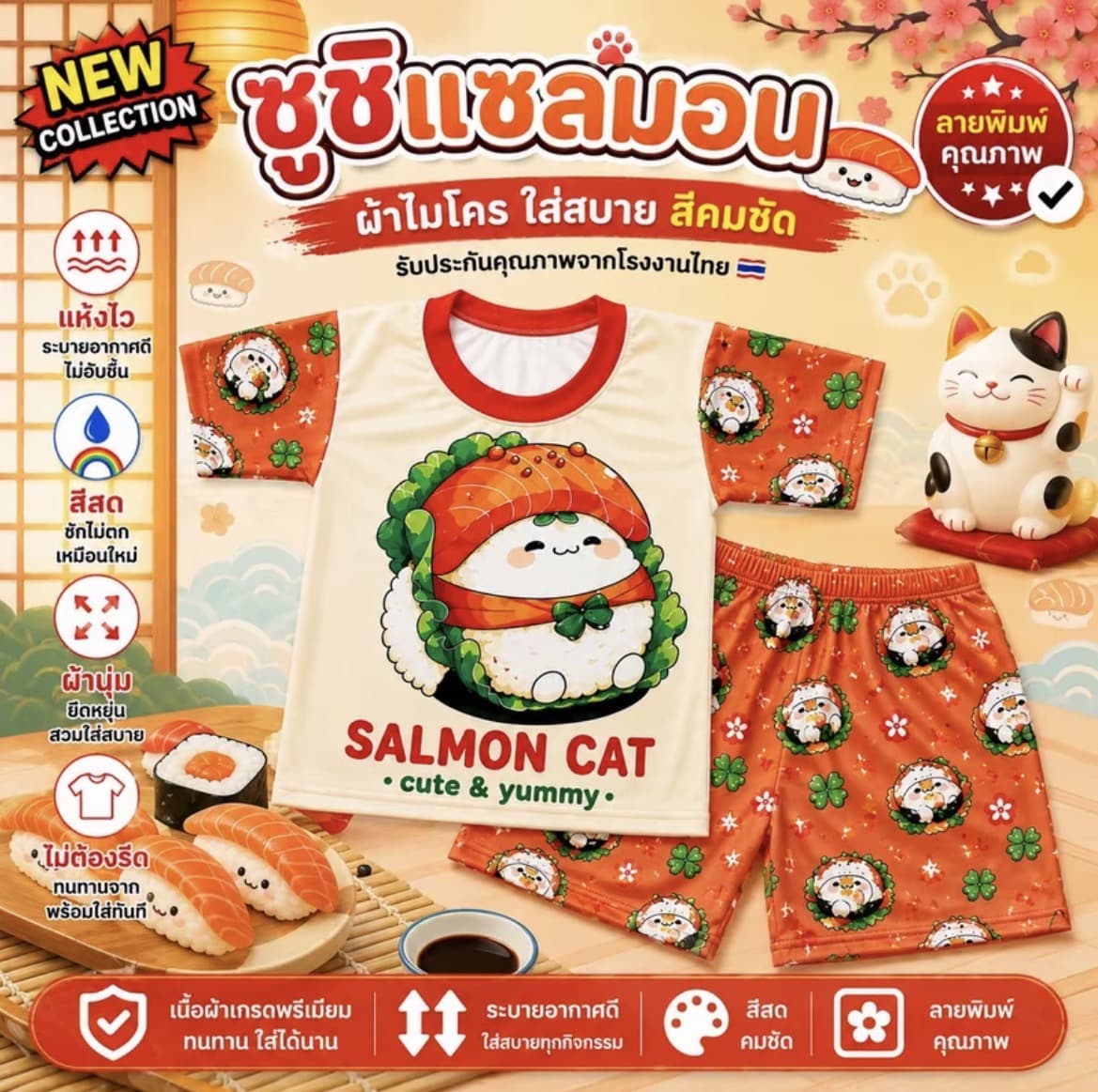  ชุดเซ็ทเด็กลายแซลมอล ไซส์ M น้ำหนัก 12-20 กก.ผ้า ไมโครพรีเมียม สีคมชัด แห้งไว(รับ8,700แต้ม)
