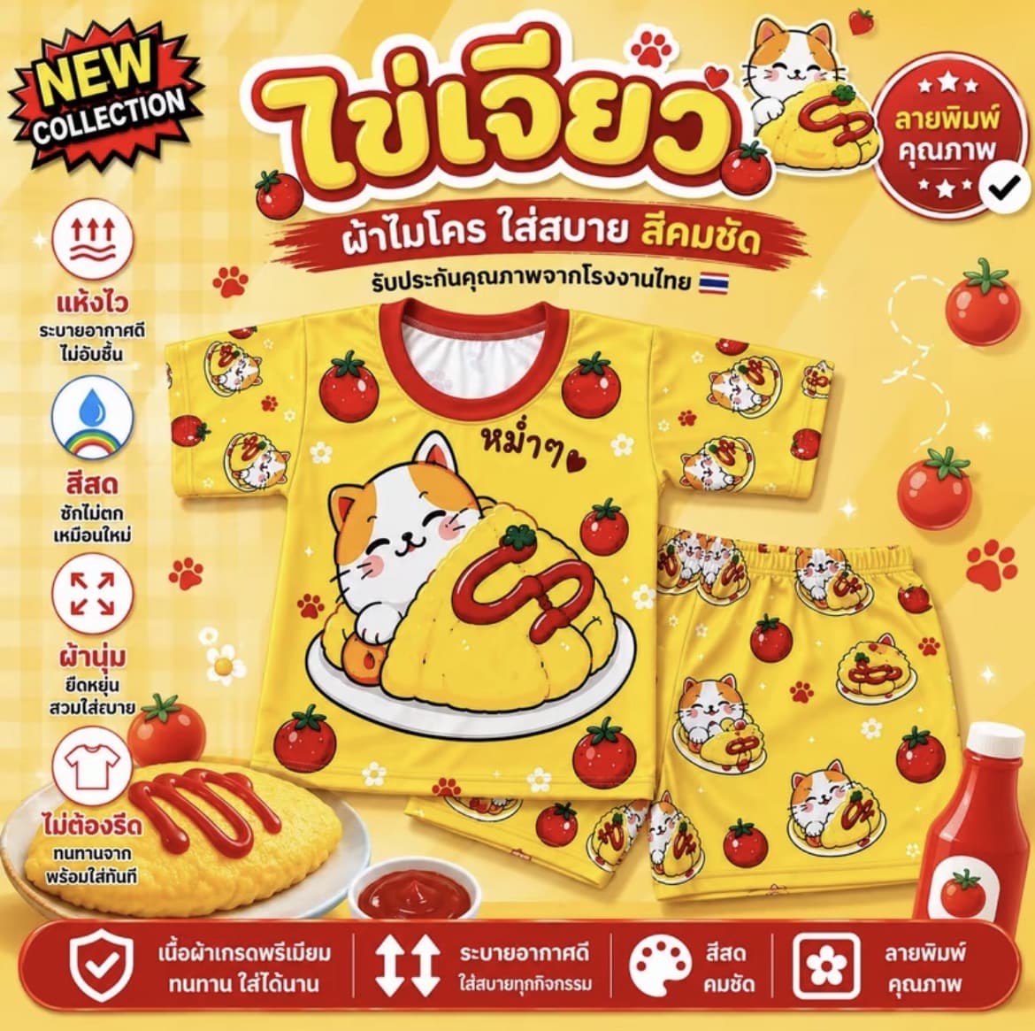  ชุดเซ็ทเด็กลายไข่เจียว ไซส์ M น้ำหนัก 12-20 กก.ผ้า ไมโครพรีเมียม สีคมชัด แห้งไว(รับ8,700แต้ม)