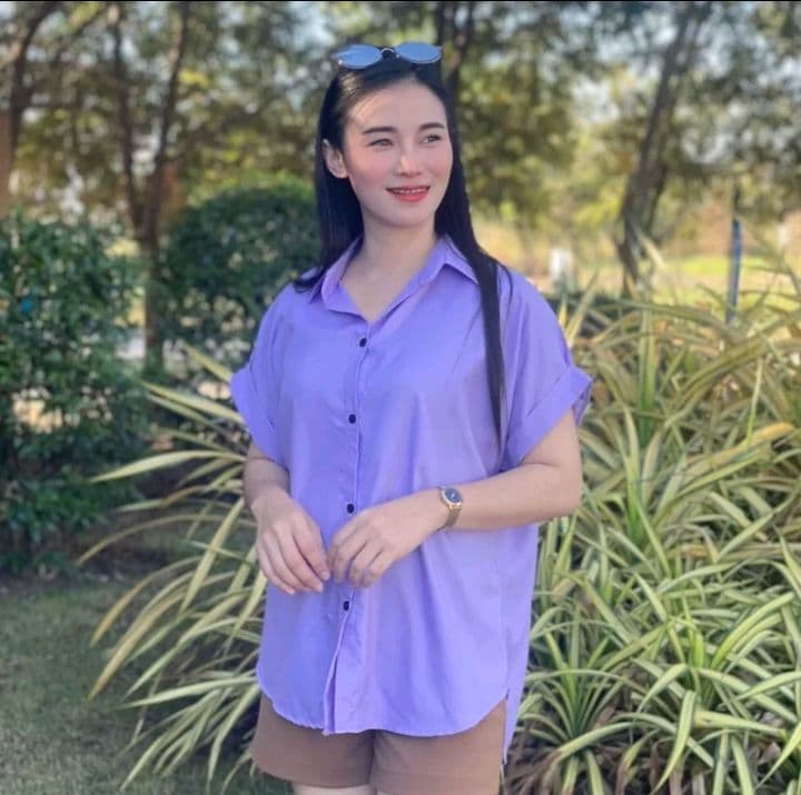 สีม่วง โอเวอร์ไซส์ อก50 นิ้ว0s เสื้อเชิ้ตผู้หญิงแขนสั้น แขนแต่งเบิ้ล (รับ14,700แต้ม)