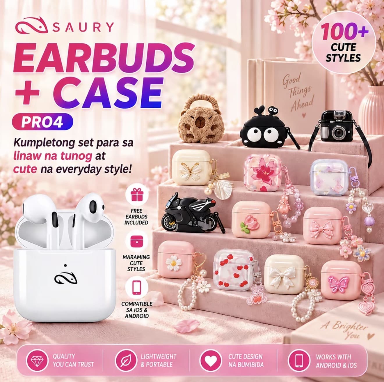 SAURY Pro4 หูฟังบลูทูธไร้สาย + เคสฟรี, หูฟัง TWS เบบสเตอรีโอพร้อม ไมโครโฟนในตัว สำหรับ Android และ IOS (รับ 8,950 แต้ม)