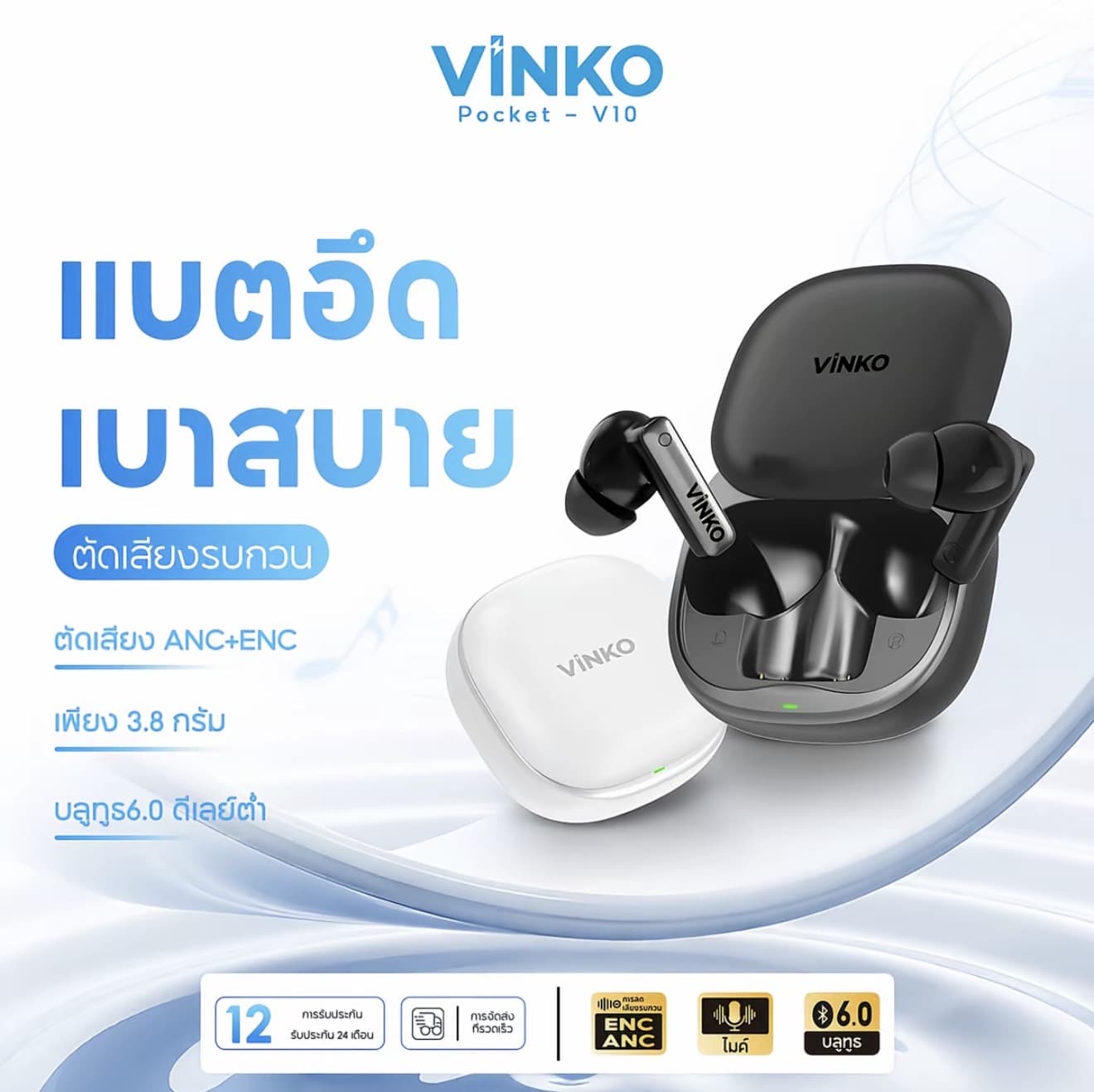 แรง Mall VINKO S10 Pro TWS Bluetooth 6.0 ANC+ENC ตัดเสียงรบกวน AI Mic ไร้สาย รองรับ iPhone Android อายุการใช้งานแบตเตอรี่ยาวนาน สวมใส่สบายในหู รับประกัน (รับ 24,950 แต้ม )