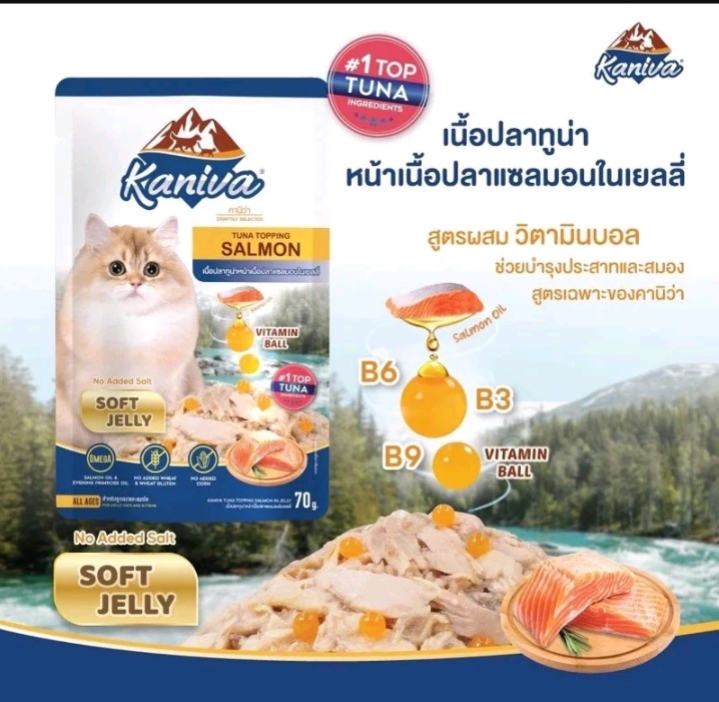 Kaniva cat pouch ยกโหล12ซอง อาหารเปียกสำหรับแมว ขนาด70ก.×12ซอง ทูน่า+หอยเชลล์เยลลี่(รับ17,950แต้ม)