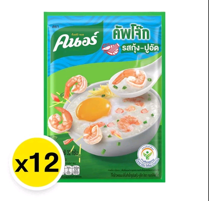 คนอร์ โจ๊กกึ่งสำเร็จรูป ชนิดซอง รสกุ้ง+ปูอัด 32 ก. x 12(รับ11,200แต้ม)