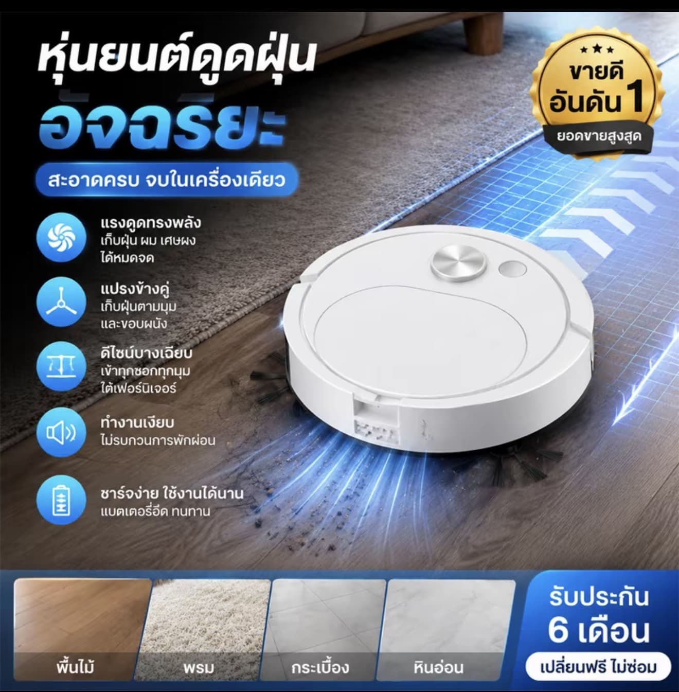 หุ่นยนต์ดูดฝุ่น หุ่นยนต์ทำความสะอาดูพื้น ยอดฮิต หุ่นยนต์ล้างพื้น 3 ระบบดูด ถู และกวาดพื้น อัตโนมัติ หลบ อุปสรรคอัจฉริยะ ตัวบางเข้าใต้เฟอร์นิเจอร์ ทำงานเงียบ ดูดฝุ่นเศษผมสะอาด แบตเตอรี่ยาว เหมาะพื้นกระเบื้อง พื้นไม้ หุ่นยนต์คุณภาพ (รับ 15,650 แต้ม)