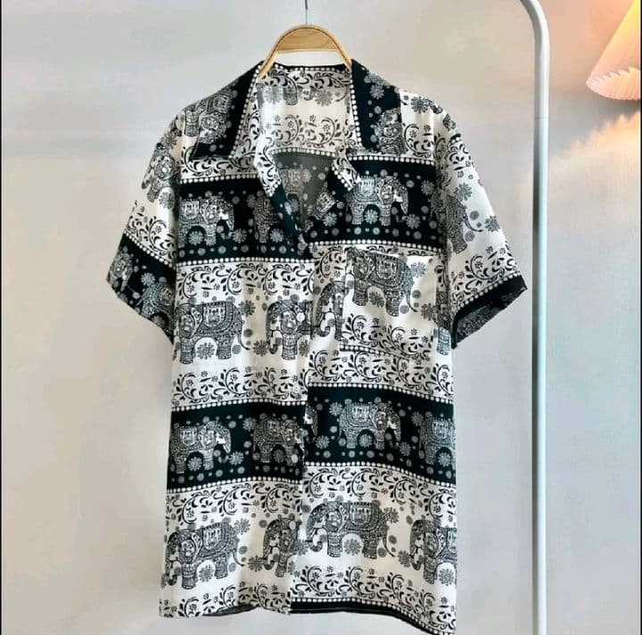 เสื้อฮาวาย Hawaii shirt ลายช้างผู้หญิงใส่ได้ ผู้ชายใส่ได้ ผ้าไหมอิตาลี พิมพ์ลายช้าง (รับ9,200แต้ม)