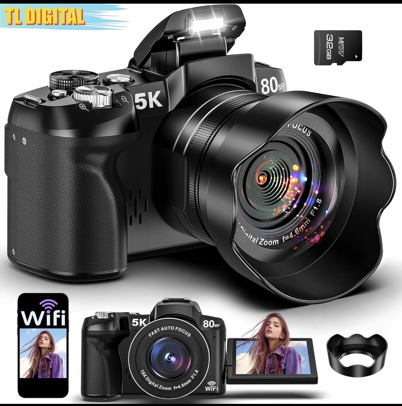 กล้องดิจิทัล TL-DIGITAL 5K — กล้อง Wi-Fi 80MP สำหรับถ่ายภาพ - กล้องวิดีโอ UHD พร้อมโฟกัสอัตโนมัติที่รวดเร็วสำหรับ มาพร้อมหน้าจอพลิกได้ 270° ขนาด 3 นิ้ว - กล้องวิดีโอสำหรับการเดินทางสำหรับผู้เริ่มต้น พร้อมซูม 18 เท่า และการ์ดความจุ 32GB (รับ 145,500 แต้ม)