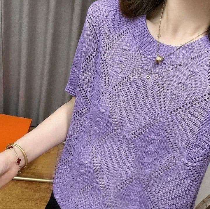 เสื้อถักแขนสั้นใหม่ สีม่วง M-3XL เหมาะสำหรับ40-70kg ส่งตรงจากกรุงเทพ (รับ12,200แต้ม)