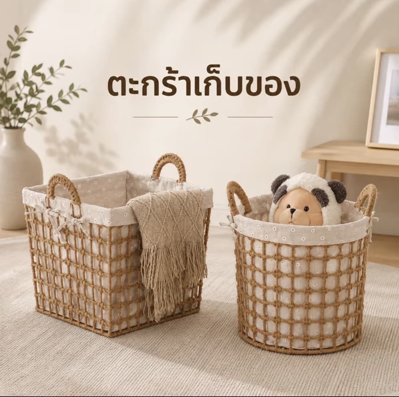 ตะกร้าเชือกสาน+หูหิ้ว แบบกลม, แบบเหลี่ยม ตะกร้าเชื่อกสานมีผ้าซับด้านใน ตะกร้าเก็บของมินิมอล มีหูจับใส่ผ้า ของเล่น (รับ 11,750 แต้ม)