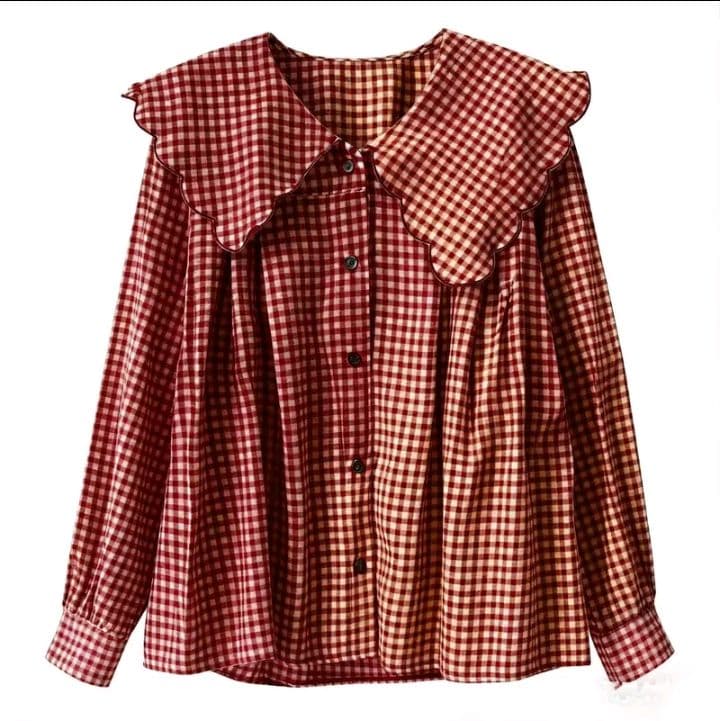 สีแดง-ขาว เสื้อเชิ้ต ลายสก๊อต คอปกปีเตอร์แพน สำหรับผู้หญิง สไตล์ฝรั่งเศส คอลเลคชั่นฤดูใบไม้ผลิ เสื้อเบลาส์แขนยาว ไม่ซ้ำใครแขนโคมไฟโดดเด่น เหมาะสำหรับฤดูใบไม้ผลิและฤดูใบไม้ร่วง (รับ19,700แต้ม)