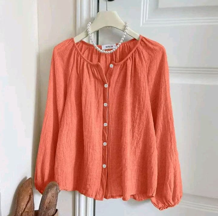 สีส้ม-แดง เสื้อกันแดด สไตล์รีสอร์ทย้อนยุค ทำจากผ้าฝ้ายลินินใยไหม แขนบอลลูนฤดูร้อน ของผู้หญิง พร้อมเสื้อคาร์ดิแกนตุ๊กตาเครื่อง ปรับอากาศ (รับ12,700แต้ม)