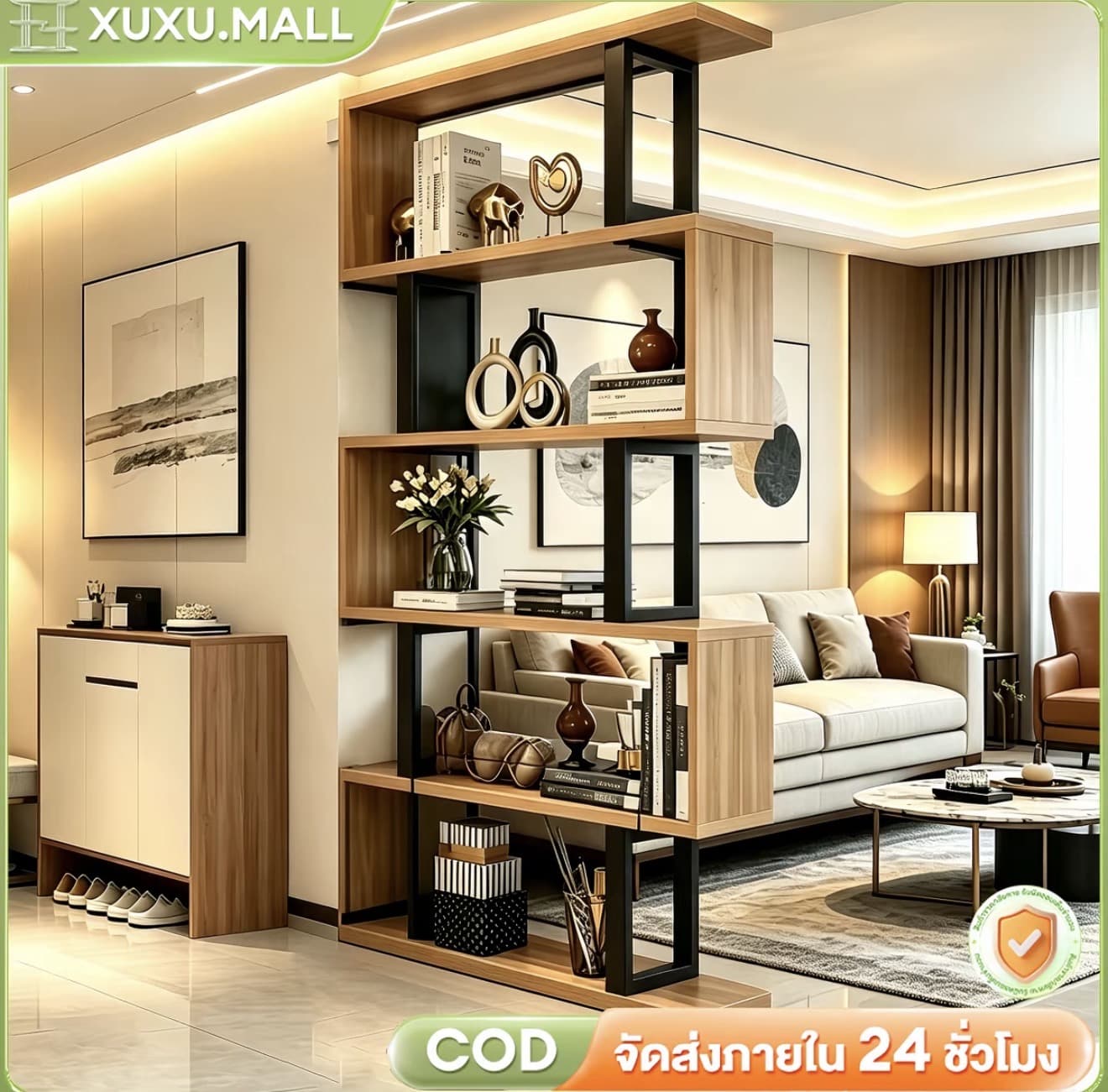 XUXU2-3-ชั้นวางหนังสือตู้กั้นห้องตั้งพื้น ดีไซน์เปิดหลายช่อง โครงเหล็กแข็งแรง ผิวไม้สวยงาม แบ่งพื้นที่ใช้สอยในบ้าน ตกแต่งห้องนั่งเล่น โฮมออฟฟิศ วางของสะสม ของตกแต่งได้เยอะมาก สไตล์เฟอร์นิเจอร์สมัยใหม่ (รับ 128,500 แต้ม)