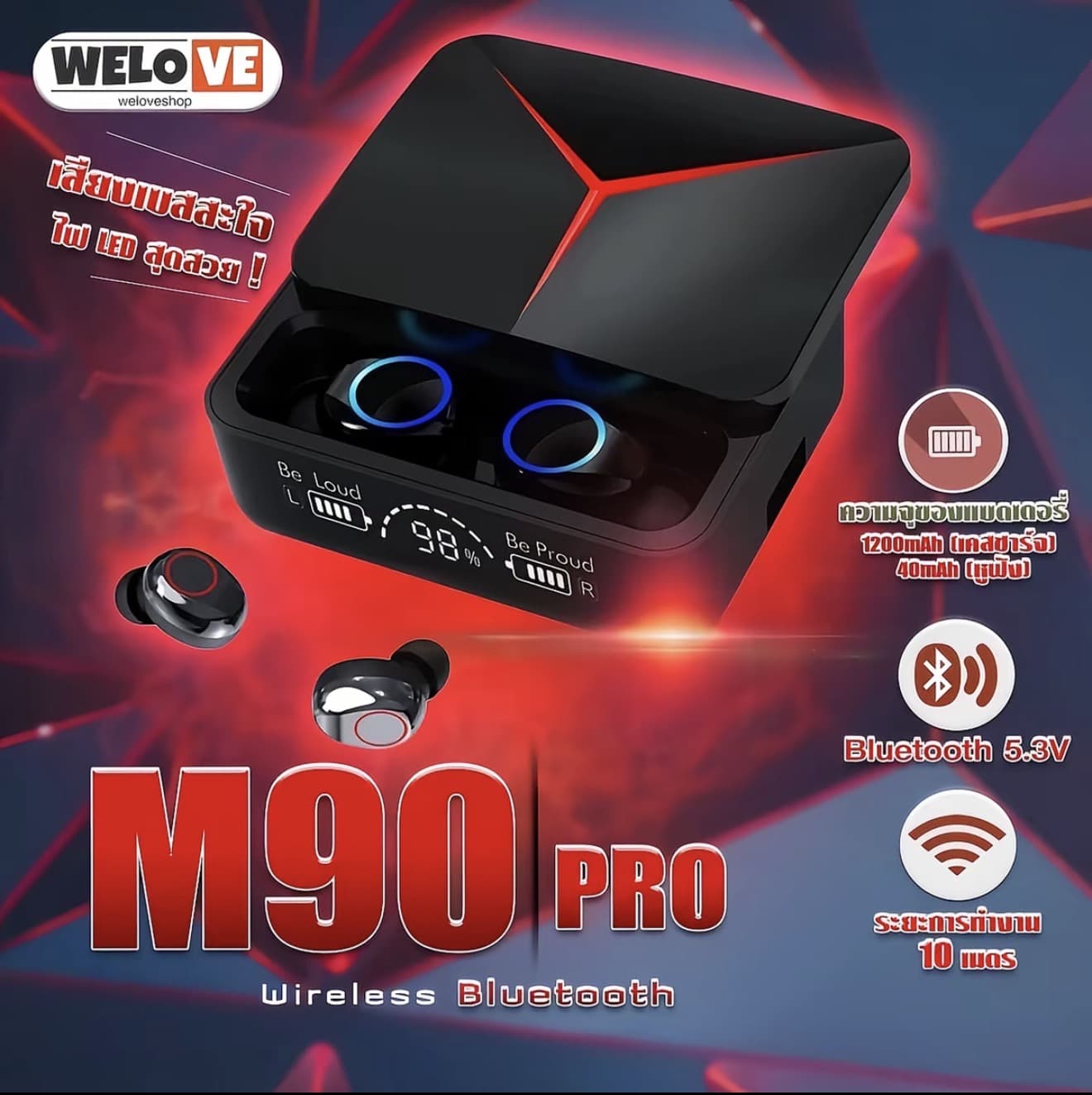 พร้อมส่งหูฟังบลูทูธ M90 Pro หูฟังสเตอริโอไร้สายบลูทธ5.3 พร้อมไมโครโฟน ควบคุมแบบสัมผัส สีดำ (รับ 17,950 แต้ม)